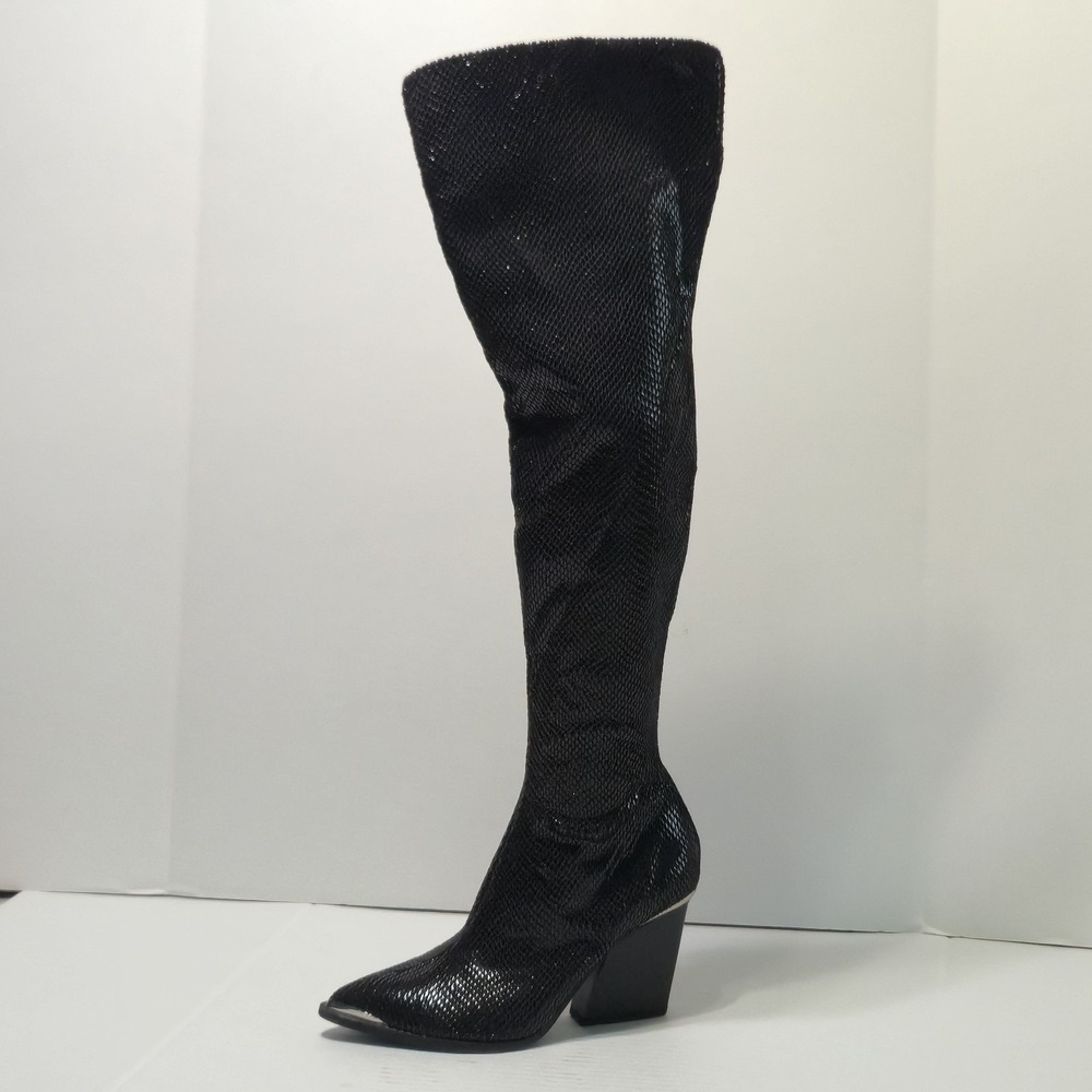 Black Faux Snakeskin Over The Knee Boots Women Size 6 Pointed Toe Chunky Heel